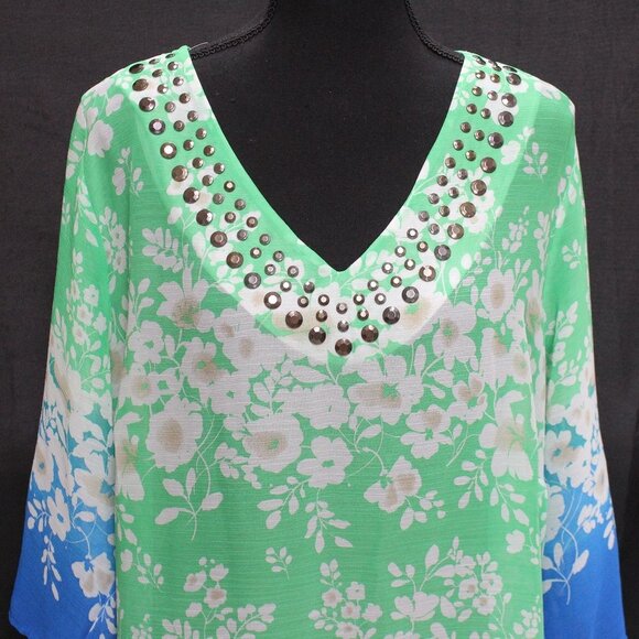 Valerie Stevens Floral Sheer Women's V-Neck Top - Picture 2 of 7